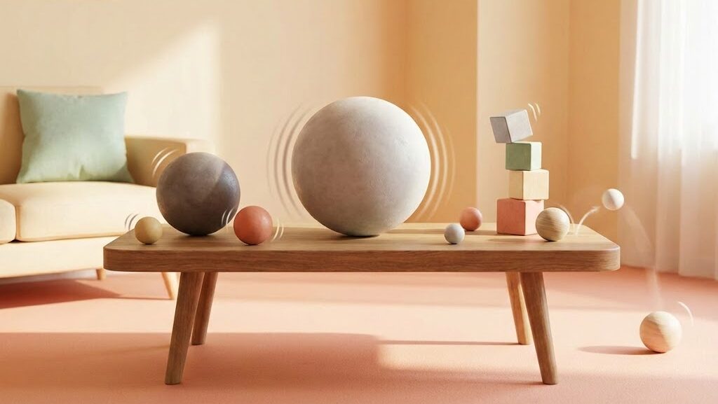 地震の規模と場所によって揺れの感じ方が変わることを、室内の様子で直感的に表した実写風イメージ