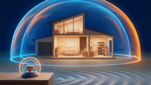 地震の揺れから家を守る防御シールドと、それを検知するセンサーのイメージ図