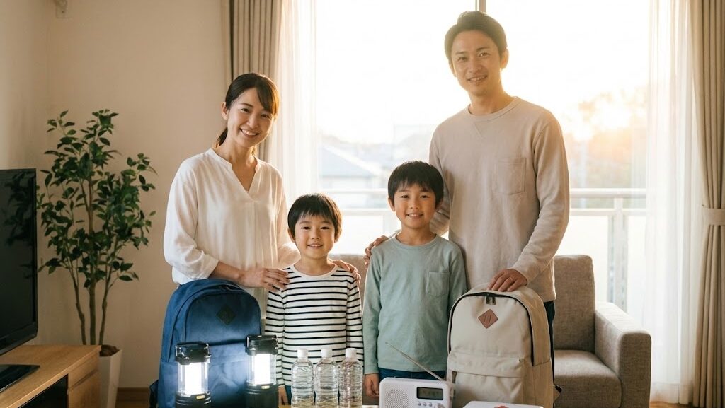 災害への備えを整え、安心した表情で並ぶ家族の前向きな生活シーン