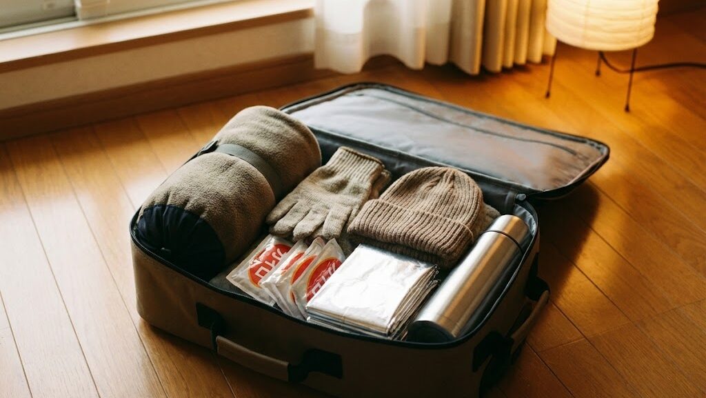 冬の防災リュックに防寒具やカイロを入れて低体温対策をする収納例