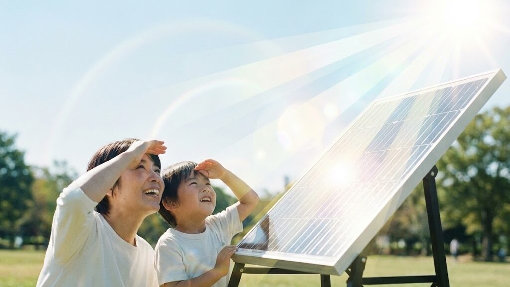 太陽の方向を見ながら、ソーラーパネルの角度を調整している親子の様子