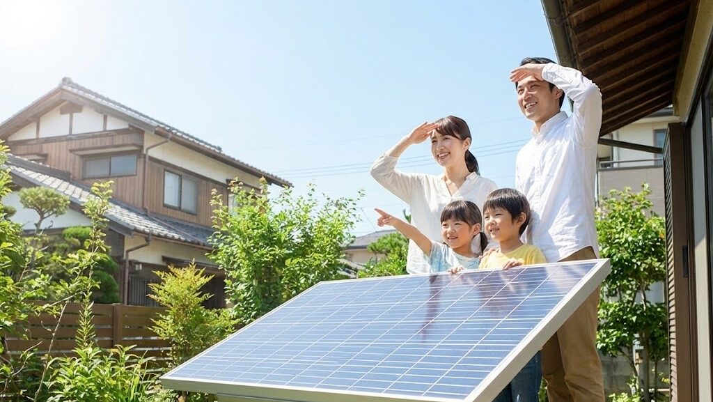 晴れた屋外で太陽の光を利用し、ソーラーパネルを活用している家族の様子