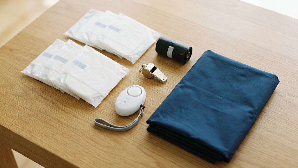 女性の防災リュックに入れる生理用品や防犯ブザーなどの必需品セット
