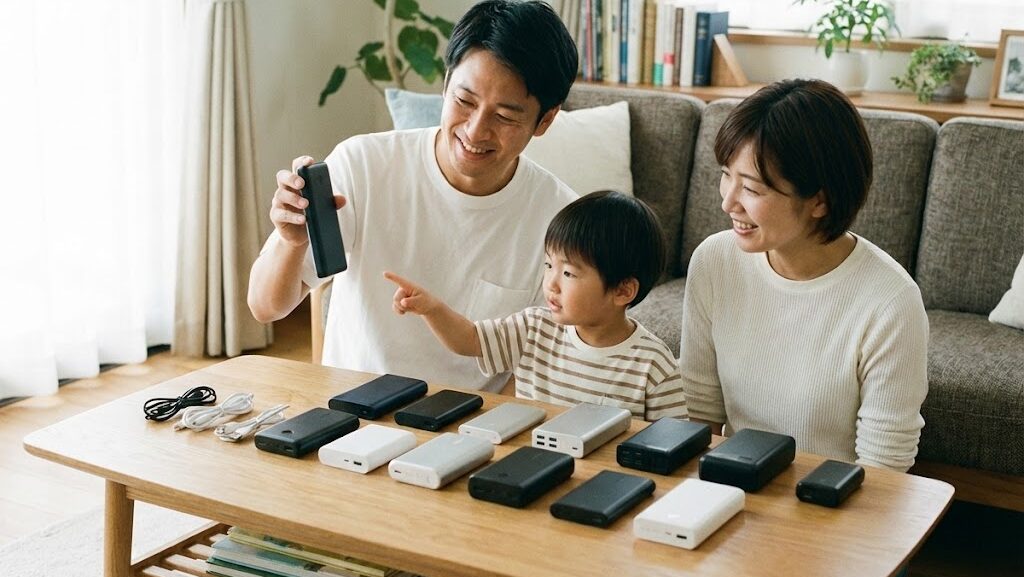 災害に備えて、複数のモバイルバッテリーを家族で確認している様子