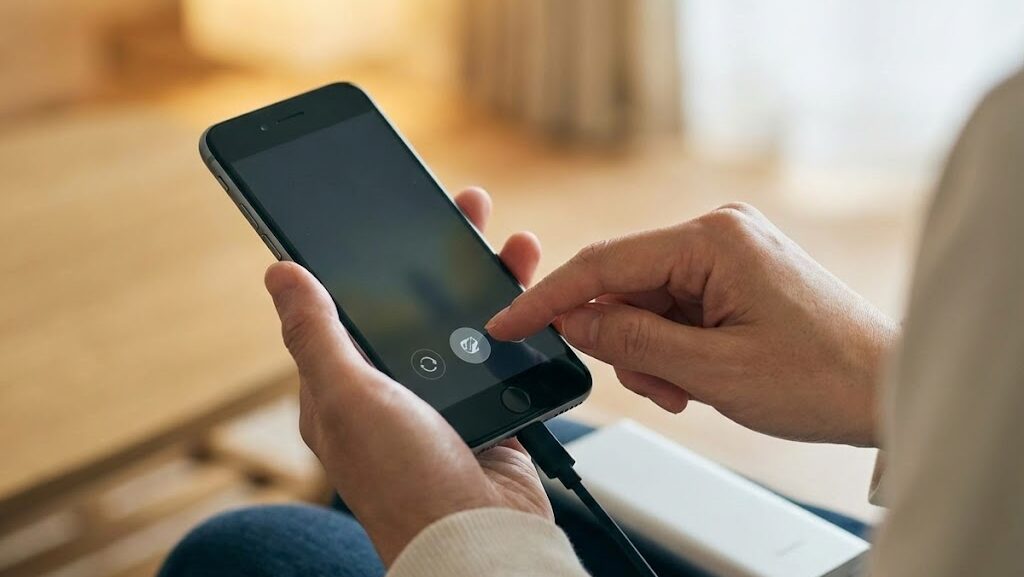 災害時にスマートフォンを節電しながら必要な情報を確認している手元の様子