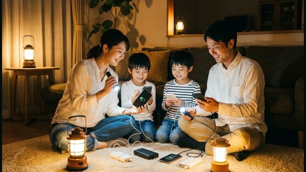 停電中にスマートフォンと充電手段を確認し、情報確保をしている家族の様子