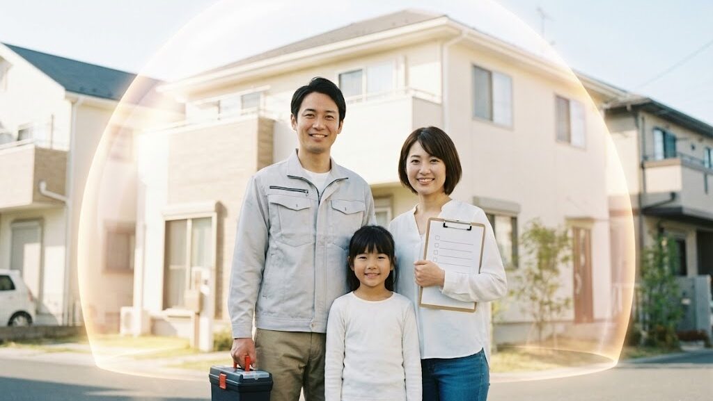 家を守る地震対策を家族で考える安心感のある実写風イメージ