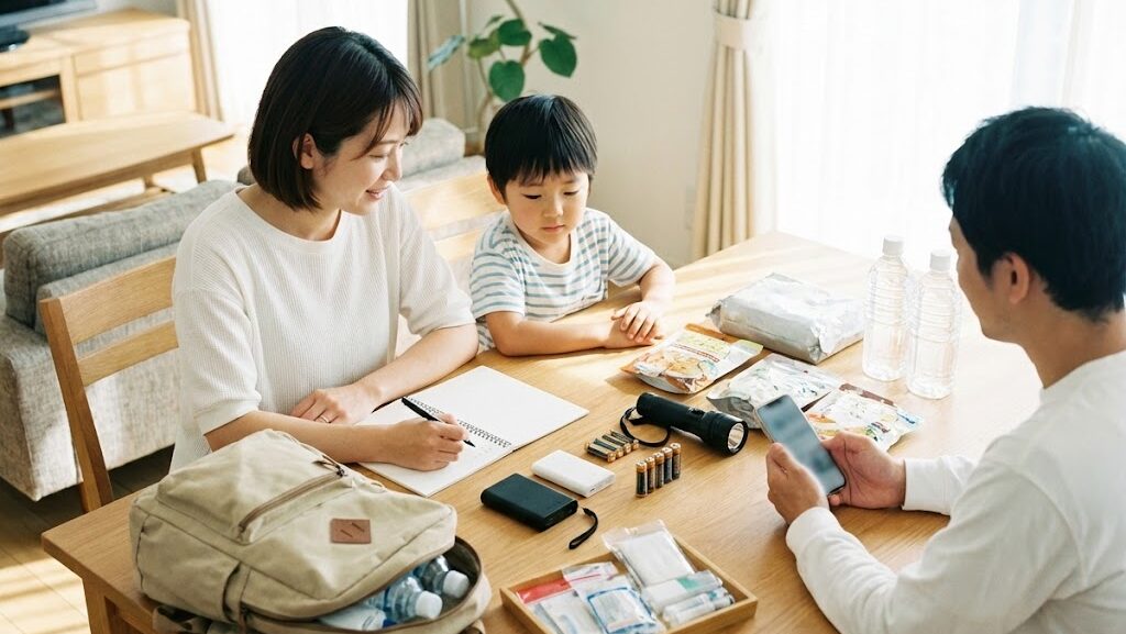 リビングで家族がメモを取りながら防災グッズを確認し行動計画を立てている様子