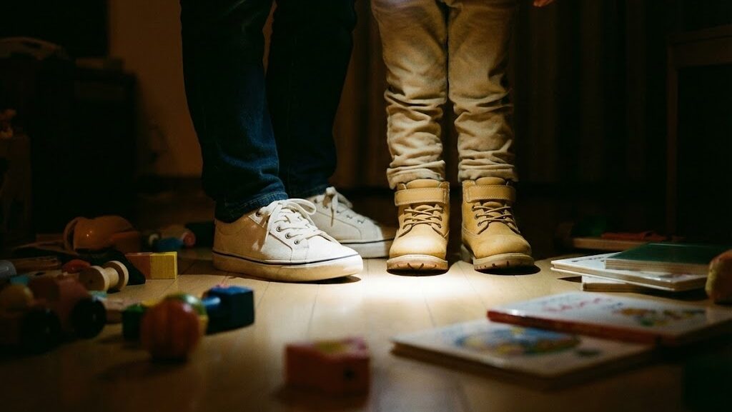 停電した暗い室内で、丈夫な靴を履いて安全に移動している足元の様子