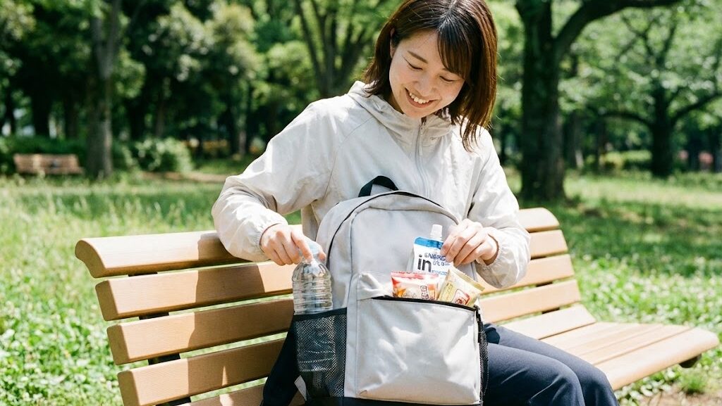 防災リュックの外ポケットから水や行動食をすぐ取り出せるように配置した例