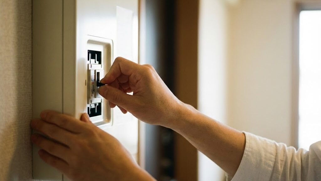 地震後の安全対策として、住宅内でブレーカーを切っている様子