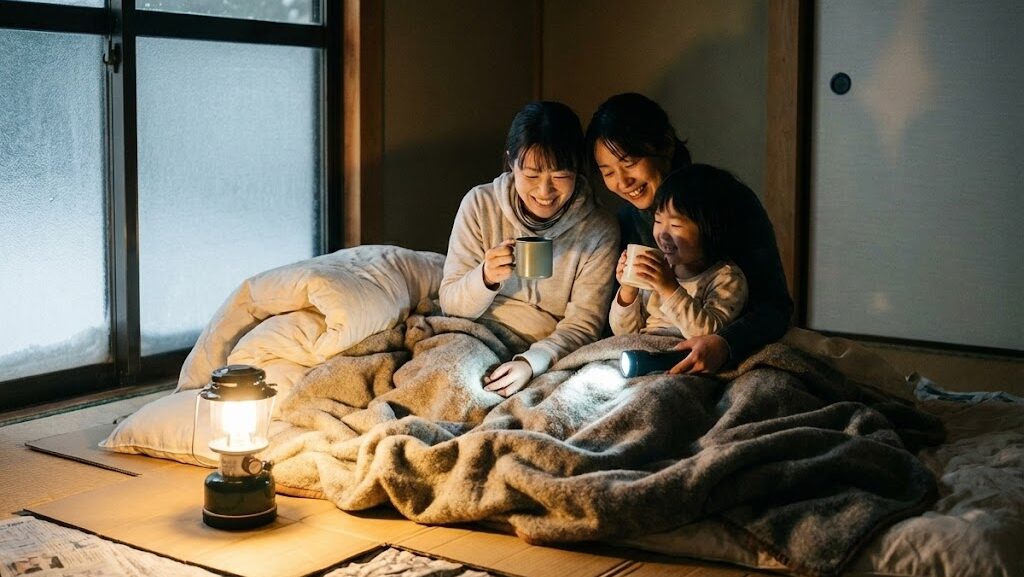 冬の停電中、段ボールや毛布を使って室内で寒さ対策をしている家族の様子