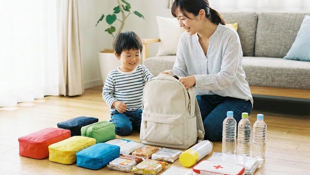 防災リュックの中身を整理して軽く背負えるように詰め方を工夫する様子