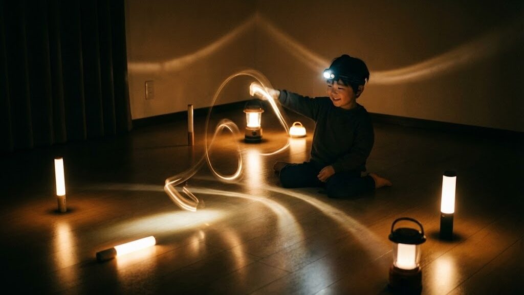 暗い部屋の中でLEDライトを使い、安全に周囲を照らしている親子の様子