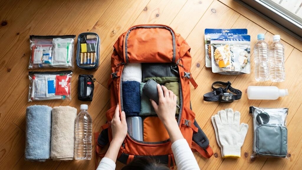防災リュックに水や非常食、救急セットなどを詰めている様子を真上から撮影した写真