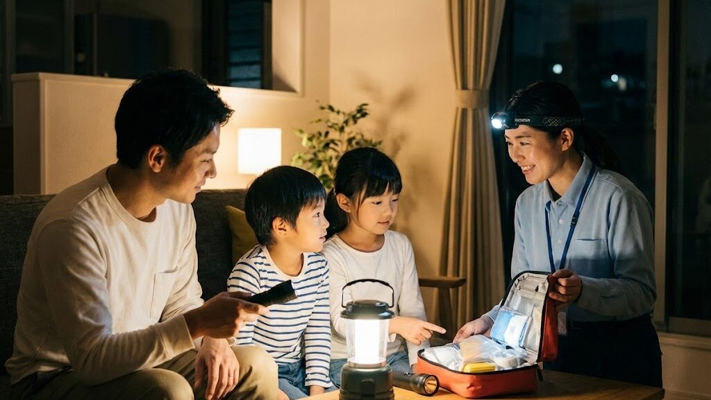 夜の停電した室内で、家族がライトの明かりを使い落ち着いて行動している様子