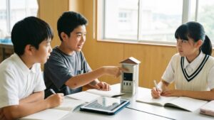 通電火災について話す中学生