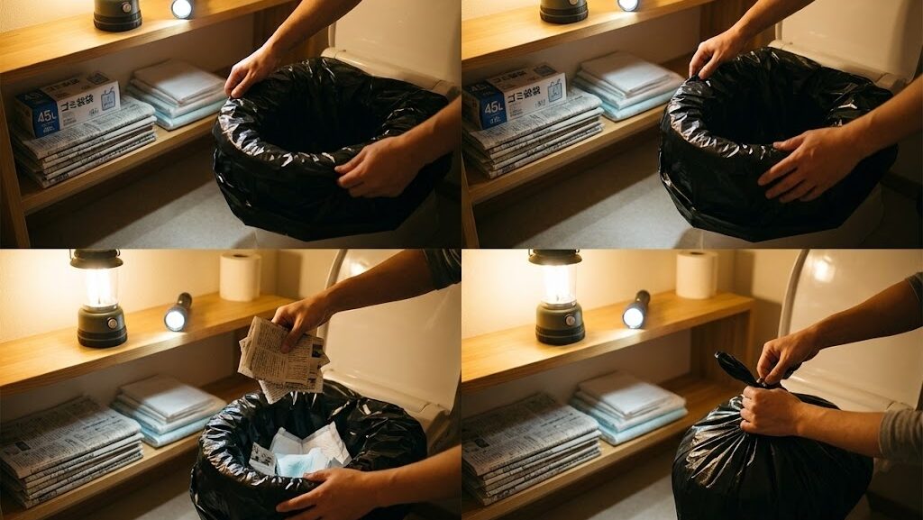 停電時に備えて、家庭にある物を使いトイレ準備をしている手元の様子