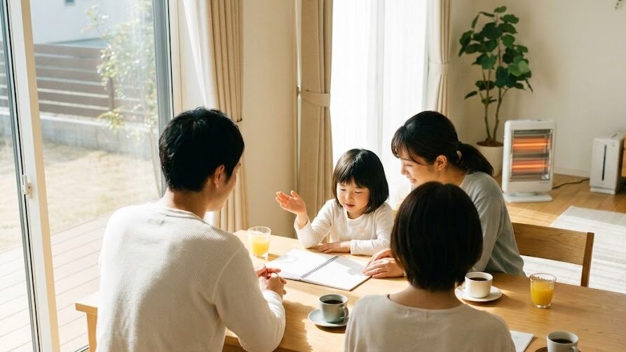 家庭で通電火災対策について話し合い、安全な暮らしを考える日本の生活風景