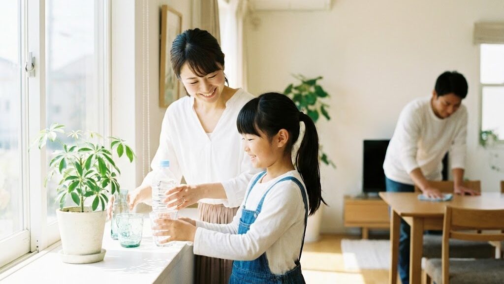 窓際を整理し、収れん火災を防ぐための対策を実践している日本の家庭の様子