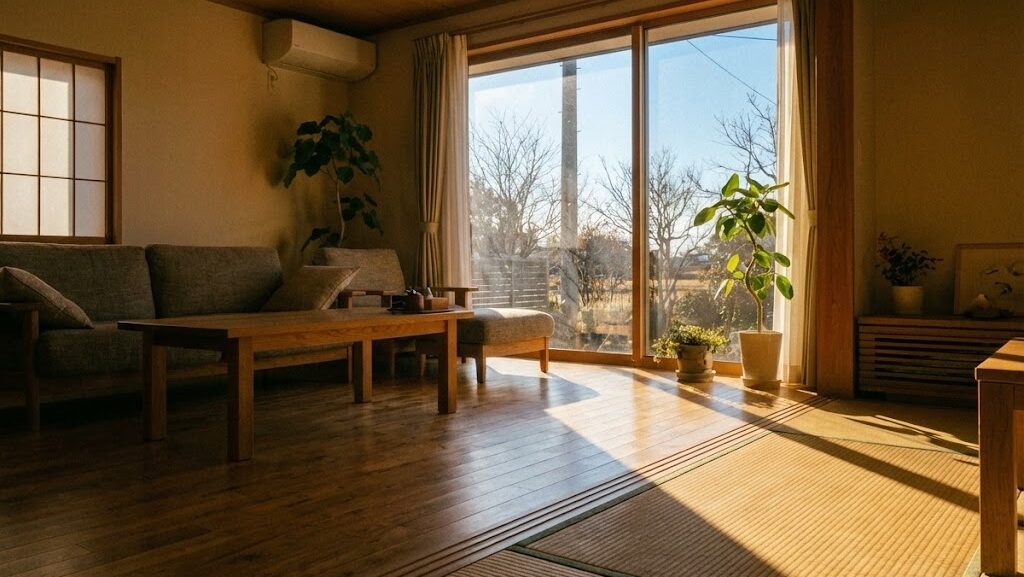 冬の低い太陽光が部屋の奥まで差し込む様子。収れん火災が冬に多い理由を示す室内の光景