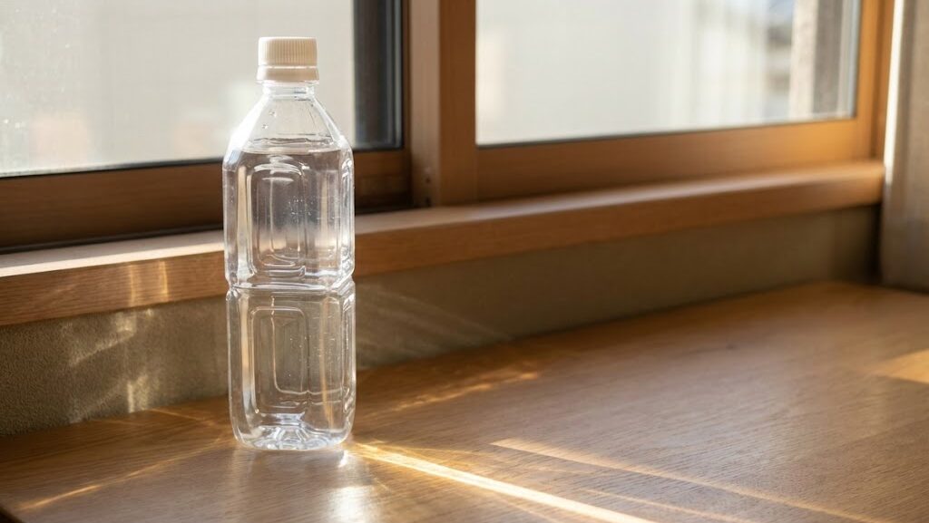 水の入ったペットボトルに太陽光が集まり、周囲を加熱する収れん火災の原因となる状況を示した室内イメージ