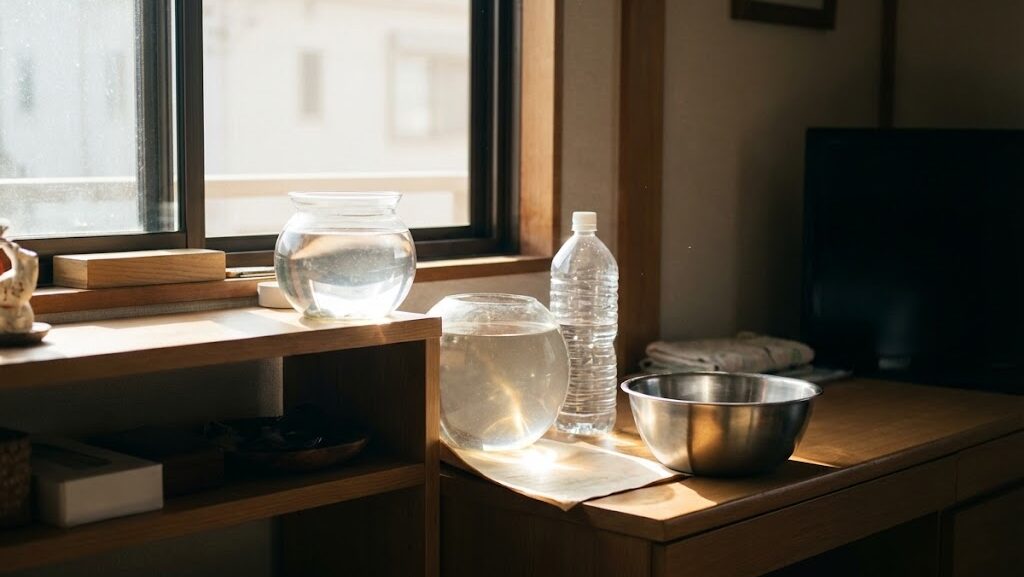 冬の住宅の室内で太陽光が窓から差し込み、日用品に光が当たっている様子。収れん火災が起こる原因を示す生活シーン