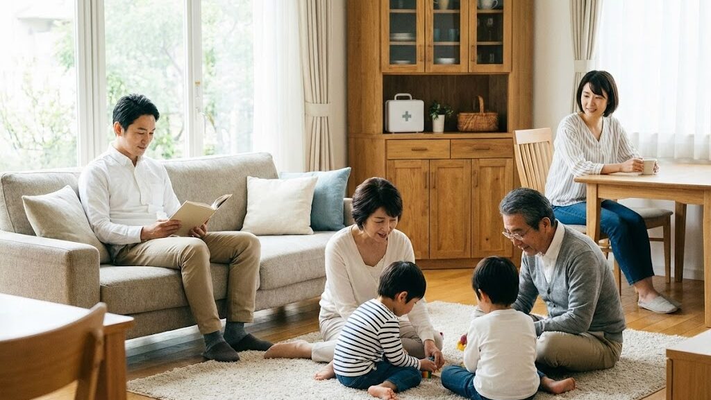 安心して暮らす住宅の様子。万一の火災に備えた保険や責任の重要性を伝える生活イメージ