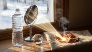 冬の窓辺に置かれた水入りペットボトル、凹面鏡、水晶玉が太陽光を一点に集め、枯葉から煙が上がっている収れん火災のイメージ写真