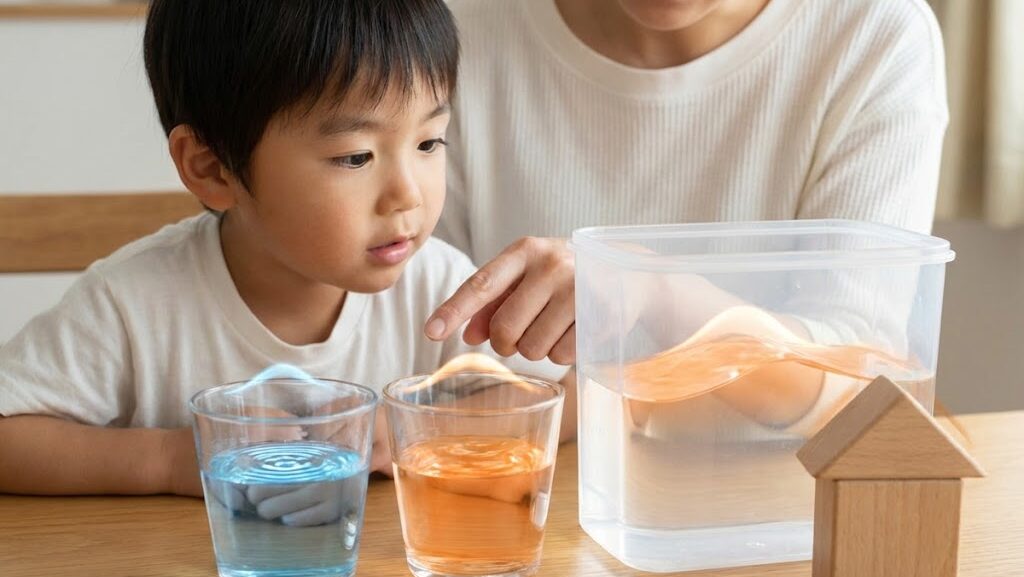 震度と揺れ方の違いを水面の波でイメージする親子の実写風写真