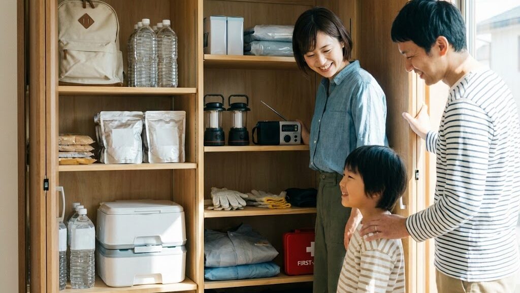 防災棚に水・非常食・簡易トイレなどを整理し家族で備えを点検している様子