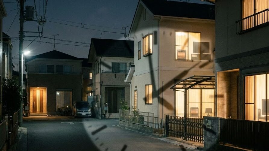 停電復旧後の夜に起こりやすい通電火災の時間差リスクを表した住宅街の様子