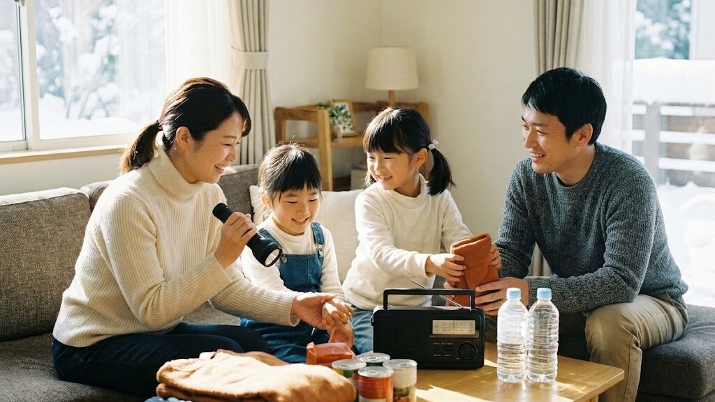 2月の災害に備えて家族で防災用品や寒さ対策を確認する前向きな生活シーン