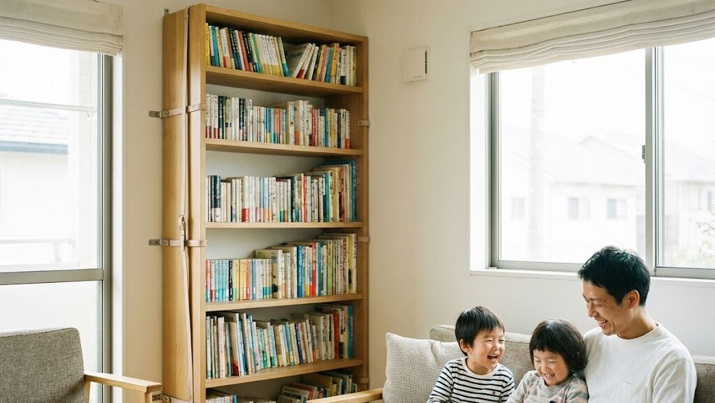 地震対策として家具を固定し、室内被害を防ぐ重要性を伝える住宅内の様子