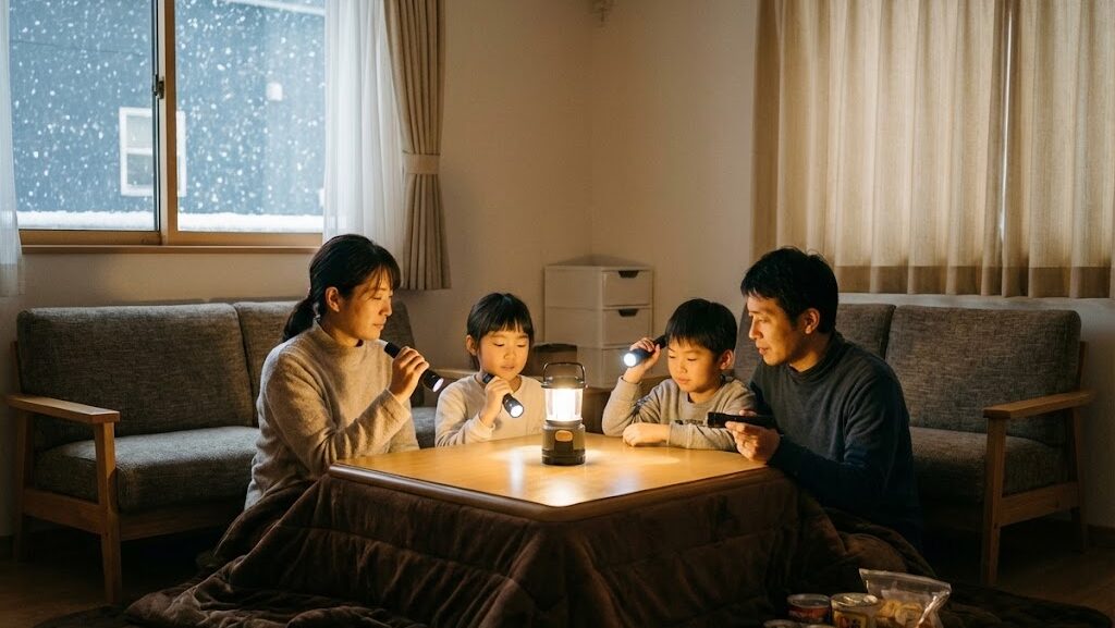冬の地震や余震に備え、停電時でも落ち着いて行動する家庭の様子を表したイメージ