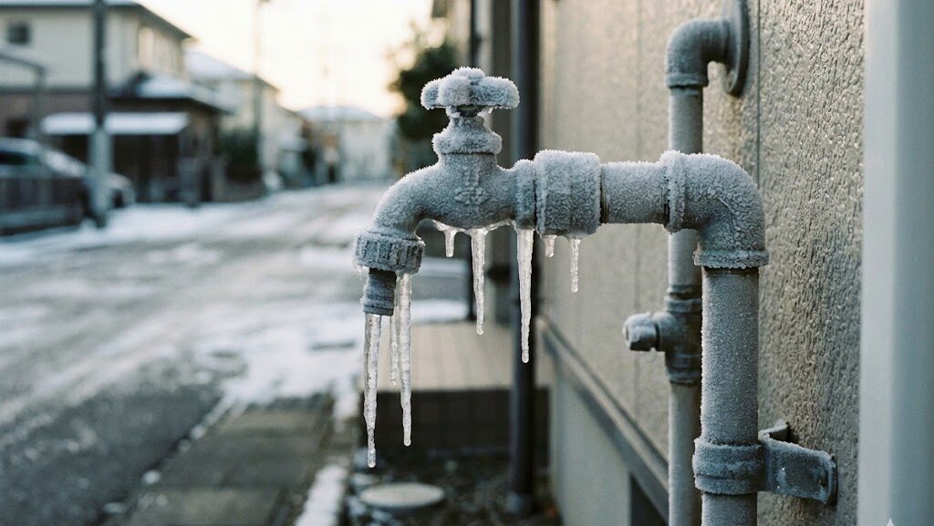 冬の寒さで屋外の水道管や蛇口が凍結するリスクを表した実写風の様子