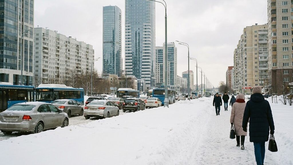 2014年の大雪で都市部の道路や交通が雪により機能停止した状況を想起させる風景