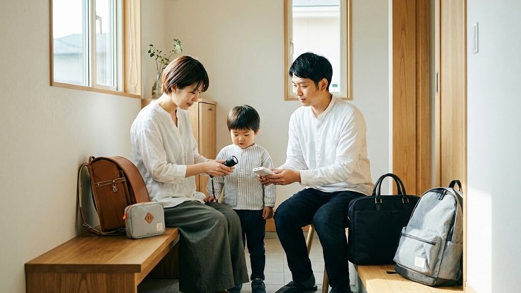 登校と出勤準備の玄関で防災ポーチやライトを確認して備える親子の様子