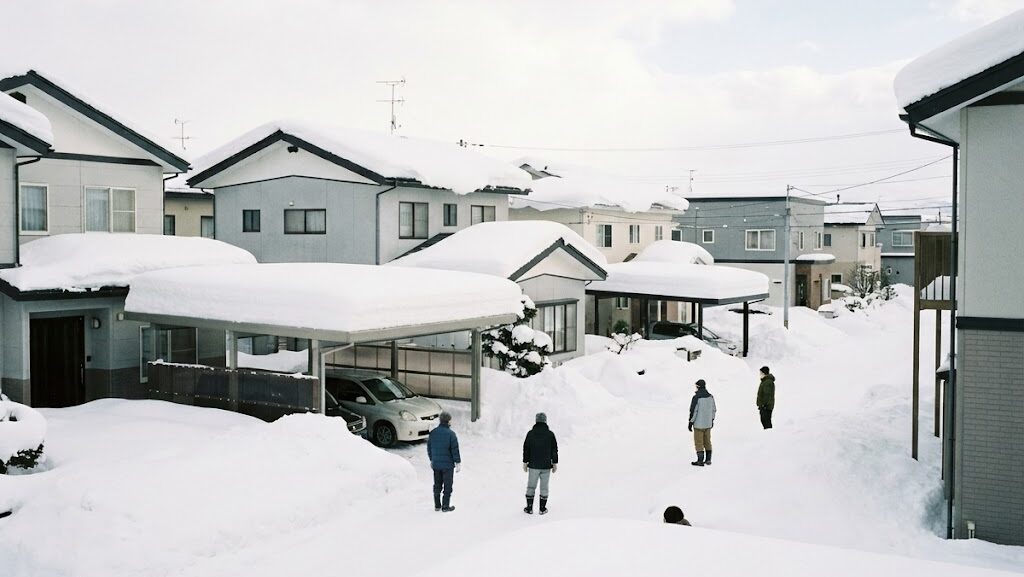 2月の豪雪で住宅や街に大量の雪が積もる様子と雪害の特徴を伝える実写風イメージ