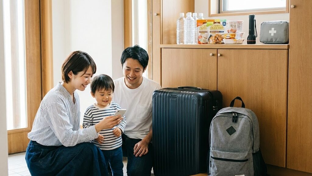 玄関で旅行バッグと防災リュックを並べ予約確認をしながら備える家庭の様子