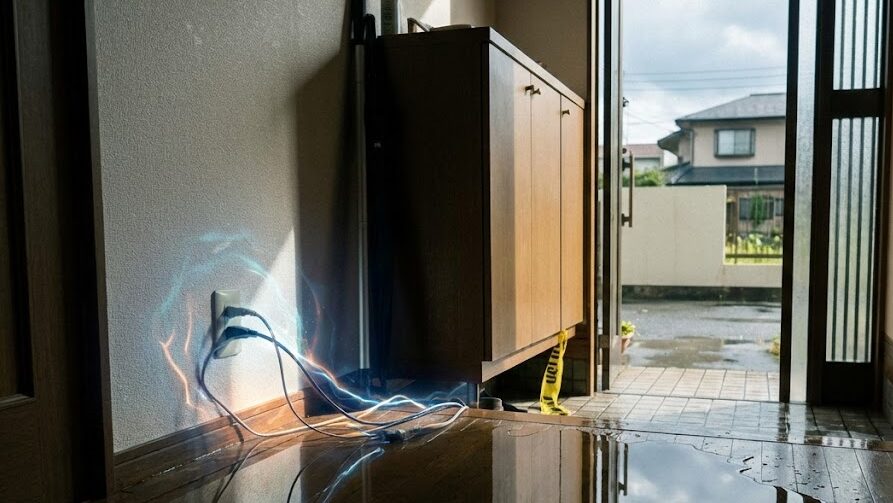 水に濡れた住宅内のコンセント周辺から水害時の通電火災リスクを示すイメージ