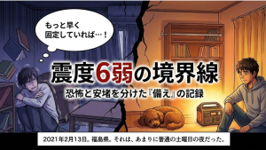 震度6弱の体験談漫画のアイキャッチ。左側は家具固定がなく地震に怯える男性と「もっと早く固定していれば…！」のセリフ、右側はポータブル電源の明かりの下で安堵する男性と愛犬のイラスト。