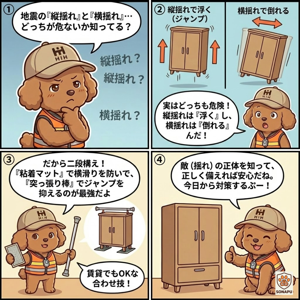 そなぷーが地震の縦揺れと横揺れの違いを解説し、家具が浮く・倒れる仕組みと、粘着マットと突っ張り棒を使った転倒防止対策を4コマ漫画で説明しているイラスト