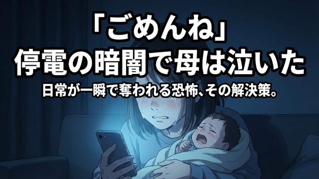 停電の真っ暗な部屋で、スマホの明かりを頼りに、泣いている赤ちゃんを抱きしめて涙を流す母親のイラスト。「『ごめんね』停電の暗闇で母は泣いた。日常が一瞬で奪われる恐怖、その解決策。」