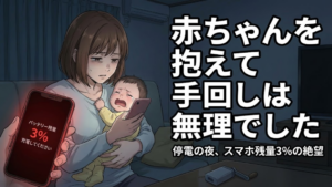 停電した暗い室内で、泣き叫ぶ赤ちゃんを抱きかかえ、疲労と絶望が混じった表情の母親（ひかり）。彼女の目の前には「バッテリー残量3%」と赤く表示されたスマートフォンがあり、机の上には使われていない手回し充電器が置かれている。画像右側には白文字で「赤ちゃんを抱えて手回しは無理でした」「停電の夜、スマホ残量3%の絶望」というテキストが配置されている。