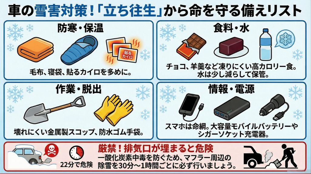 車の雪害対策として立ち往生に備える持ち物(防寒・食料水・脱出道具・電源)と一酸化炭素中毒対策をまとめた図解