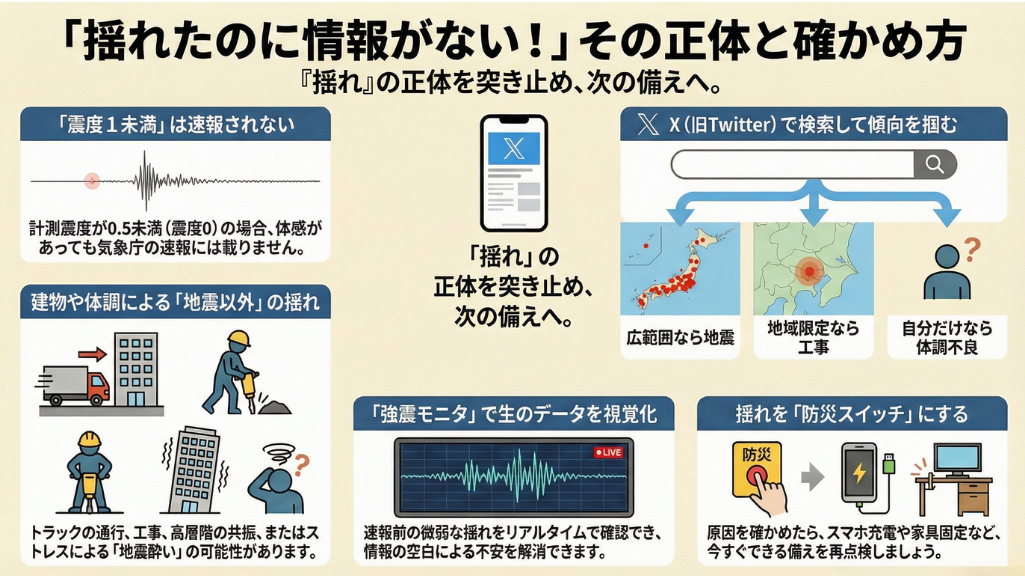 揺れたのに地震情報がない原因と確かめ方をまとめた図解(震度1未満・環境振動・X検索・強震モニタ・備えの見直し)