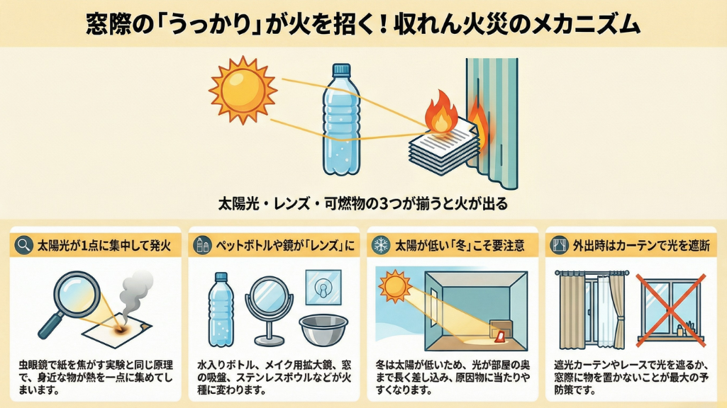 窓際に置いたペットボトルや鏡がレンズとなり、太陽光が集中して火災が起きる収れん火災の原因と対策を解説した図解
