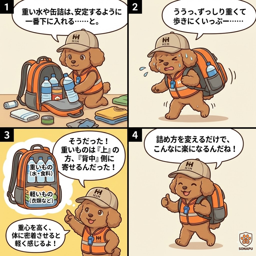 そなぷーの防災漫画。防災リュックに重い水や食料を入れる位置を間違えて重く感じる様子と、背中側・上部に寄せて軽く感じる正しい詰め方を解説