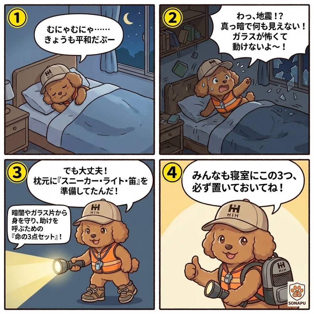 夜中の地震と停電に備え、枕元にスニーカー・ライト・笛を準備して身を守る「命の3点セット」をそなぷーが教える防災漫画
